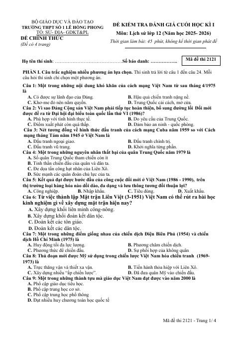Đề thi Học kì 1 Lịch sử 12 năm 2025-2026 trường THPT số 1 Lê Hồng Phong (Đắk Lắk)